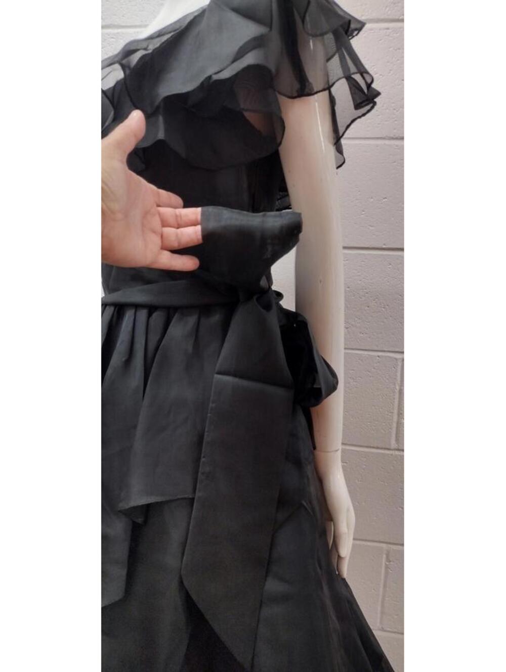 Vintage Off The Shoulder Black Sheer Disco Dress Belted Early 1980s SAMIR Size S - Picture 4 of 16